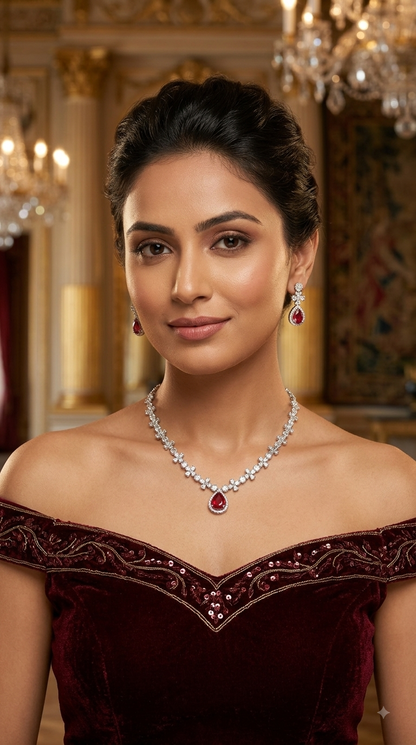 Silver Ruby American Diamond AD Necklace Mary Set