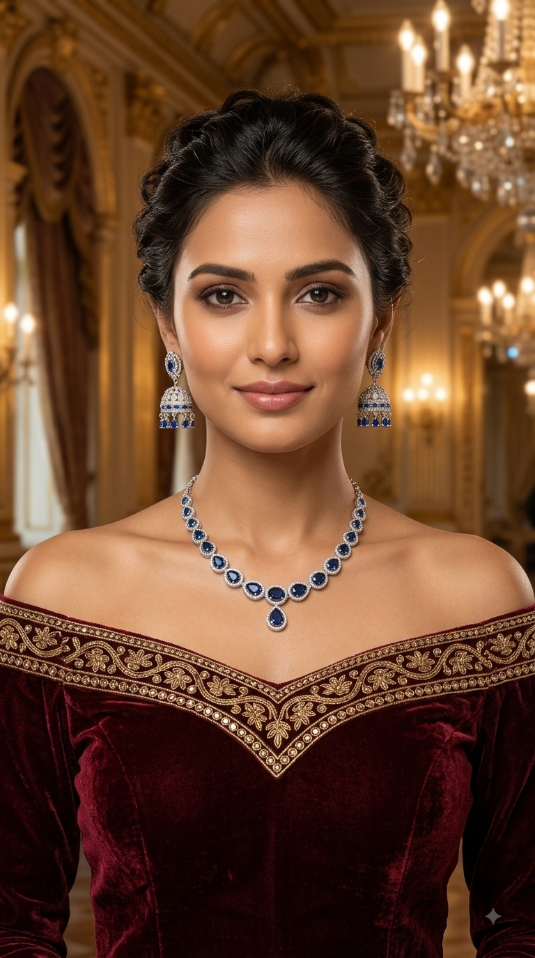 Silver Blue American Diamond AD Necklace June Set