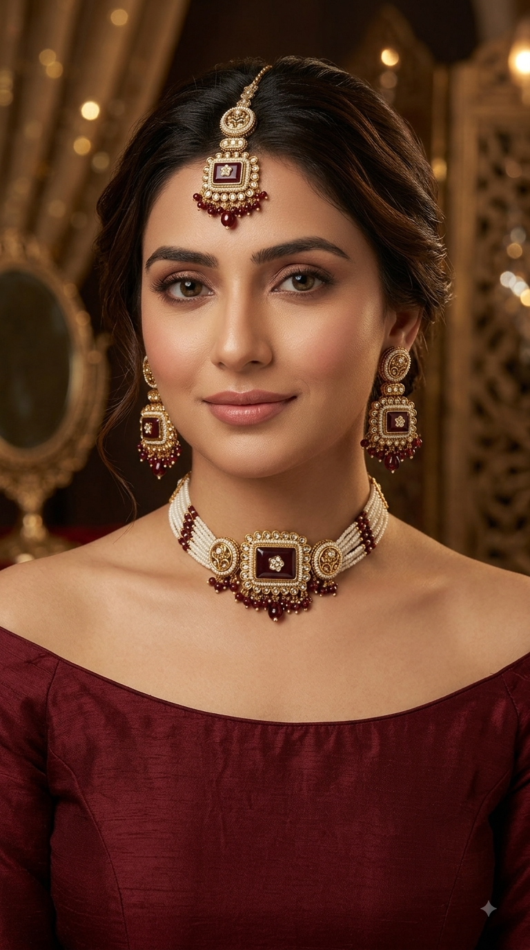 Indian Jewellery Green Kundan choker Set/ kundan choker Kundan Rimi Set