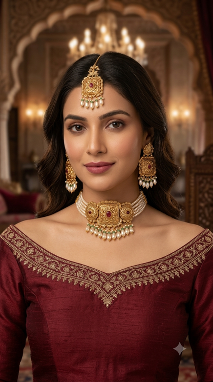 Gold Ruby Sage Green Polki Choker Jewellery Mngu Set