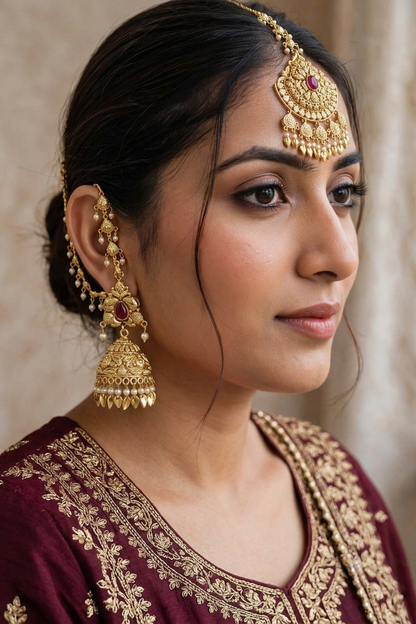 Gold Ruby Punjabi Style Earrings and Tikka set