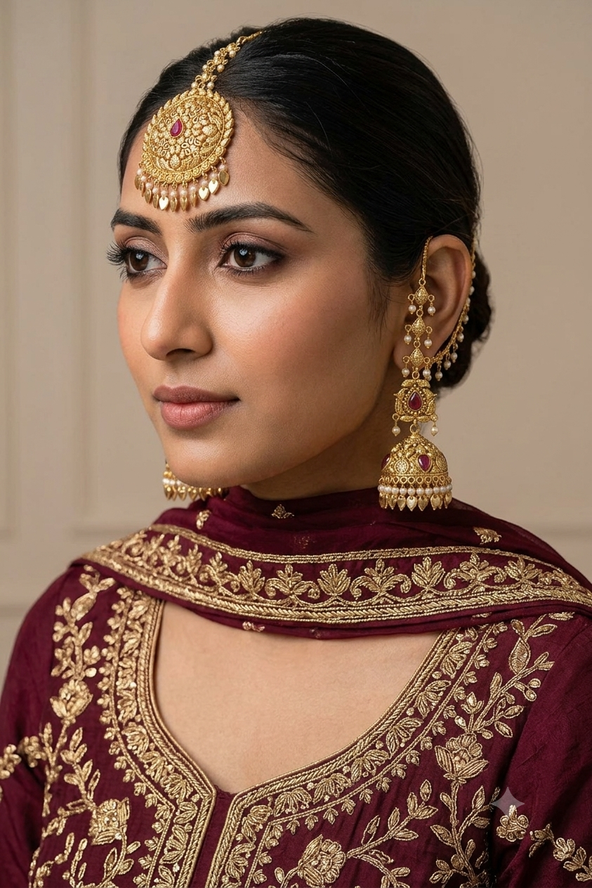 Gold Ruby Punjabi Style Earrings and Tikka set