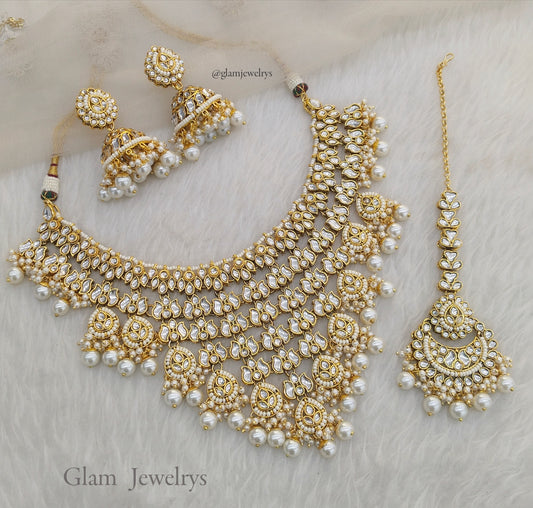 Gold Finish Pearl Drops Kundan Necklace Jewellery Timi Set