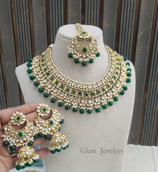 Gold Finish Green Kundan Necklace nili indian jewellery Set