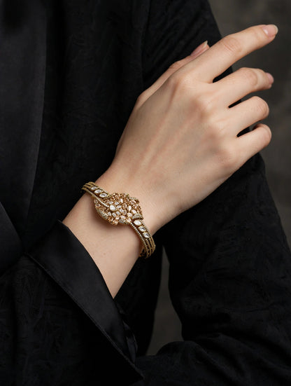 Antique White AD Moissnaite Kundan Hand Bracelets Junia Jewellery