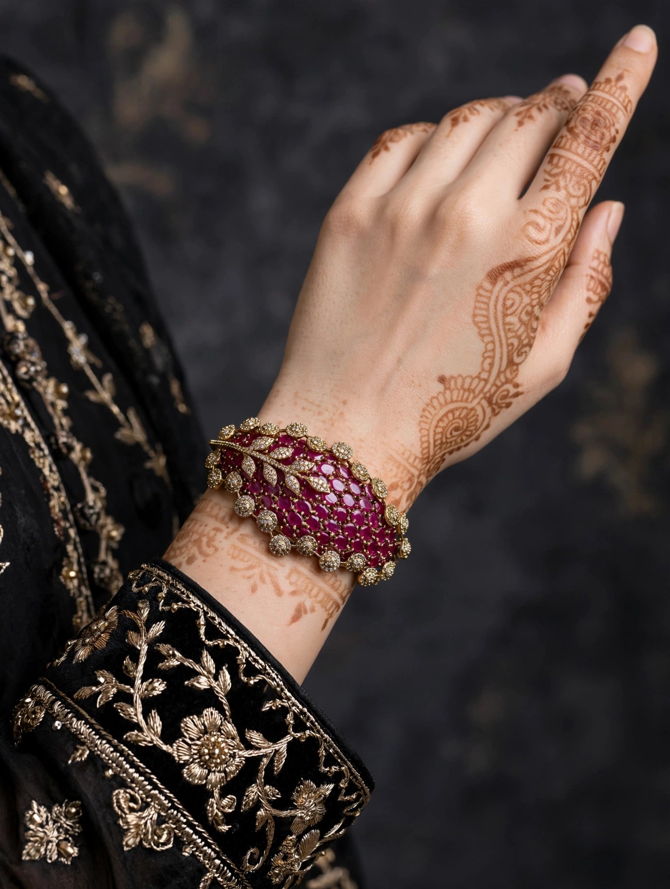 Antique Ruby AD Moissnaite Kundan Hand Bracelets Junia Jewellery
