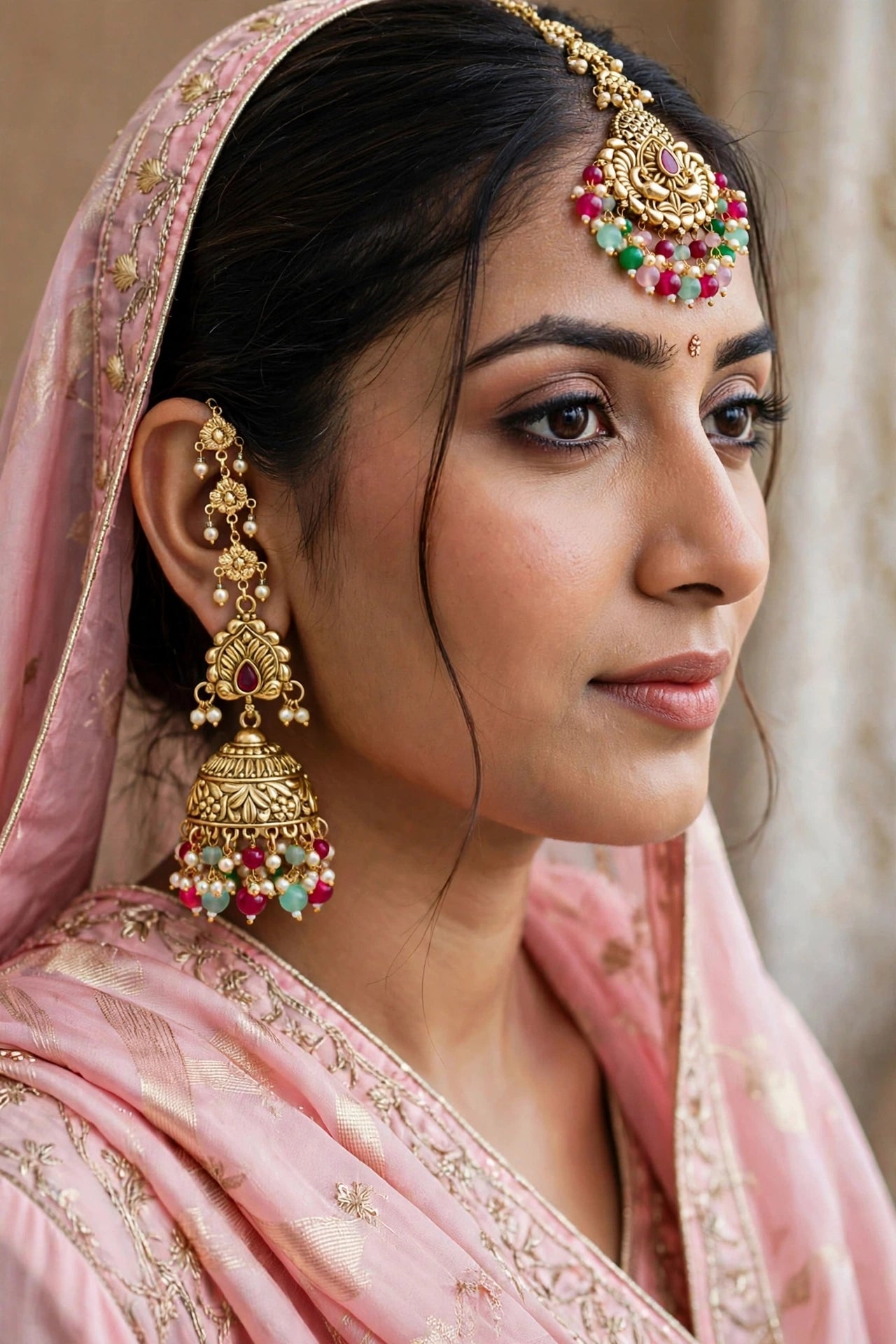 Gold Polki Style Earrings and Tikka set