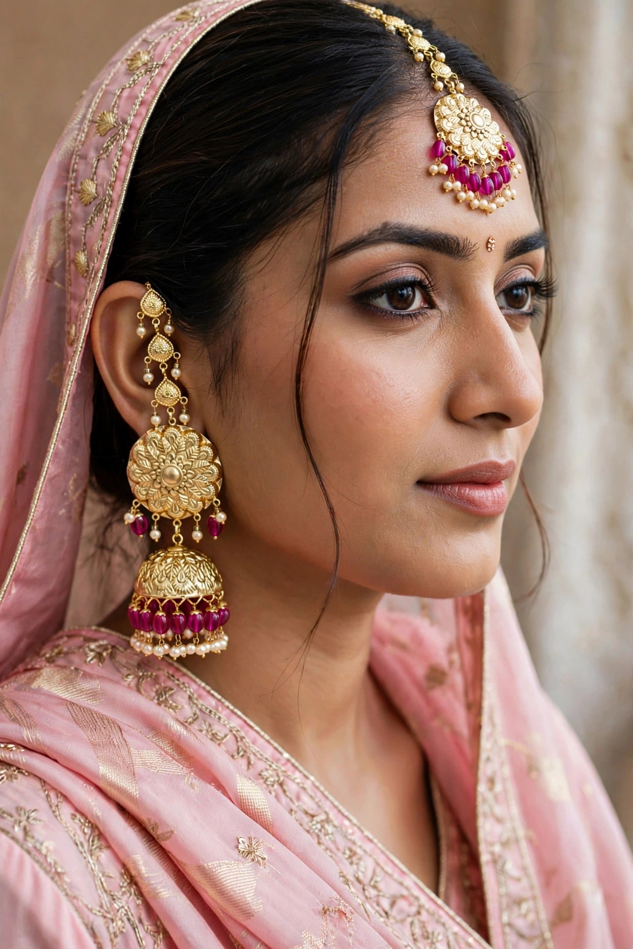 Gold Majenta Punjabi Style Earrings and Tikka set