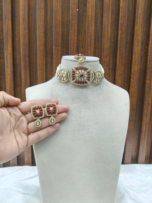 Maroon kundan Choker Indian jewellery Gini sets