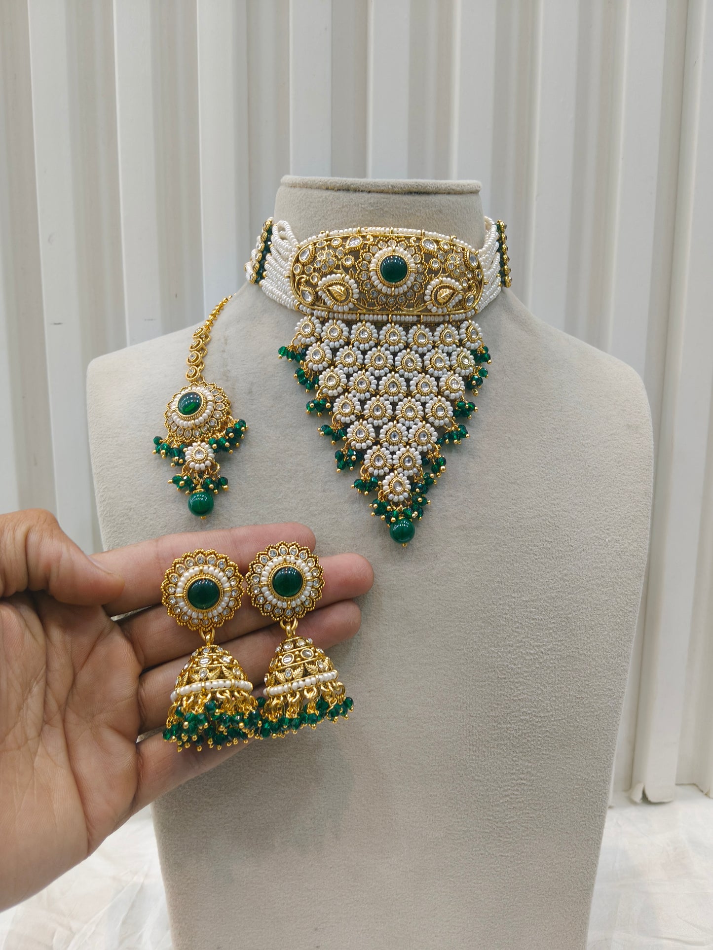 Indian Jewellery Green Kundan waterfall choker Lohit Sets