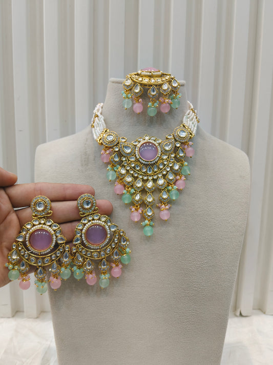 Mint pink Kundan necklace Set/ kundan Indian jewellery kundan Ekta sets