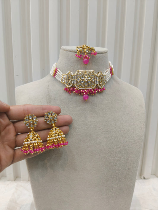 Indian Jewellery Dark Pink Kundan choker Jai Sets