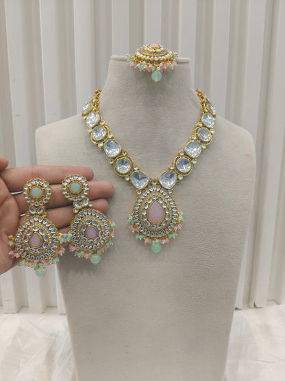 Mint Pink Kundan necklace Set/ kundan Indian jewellery kundan Gauri sets