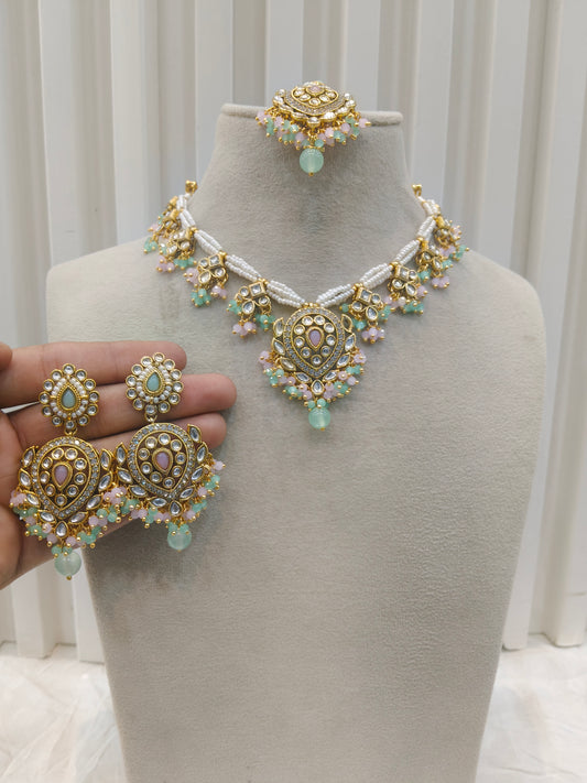 Mint Pink Kundan necklace Set/ kundan Indian jewellery kundan Hema sets
