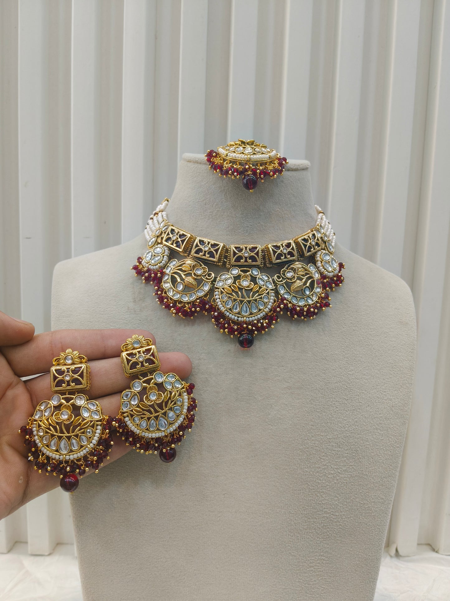 Maroon Kundan necklace Set/ kundan Indian jewellery kundan Damini sets