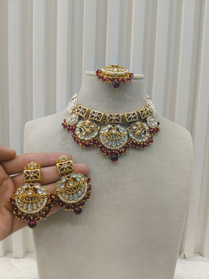 Maroon Kundan necklace Set/ kundan Indian jewellery kundan Damini sets