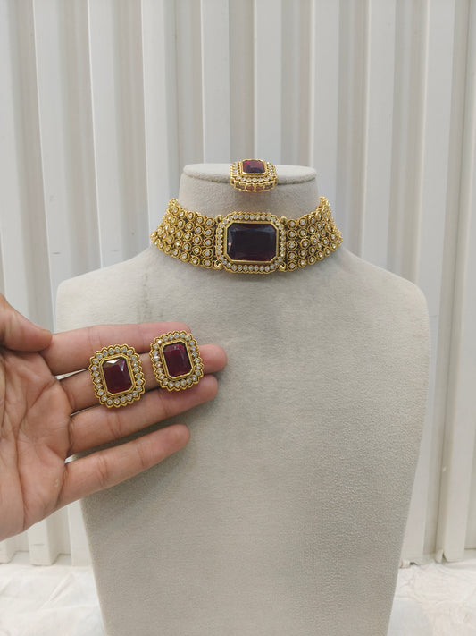 Indian Jewellery Maroon Kundan choker Gunjan Sets