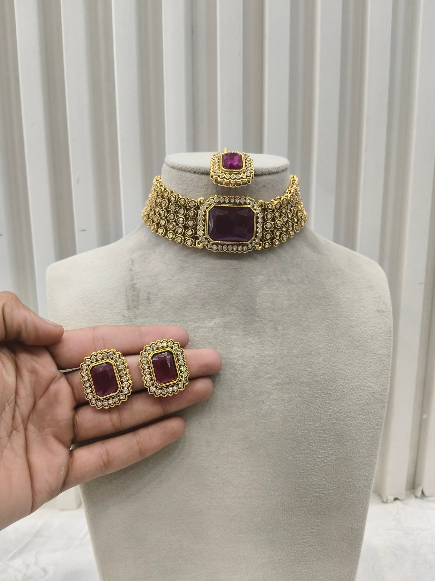 Indian Jewellery Purple Kundan choker Gunjan Sets