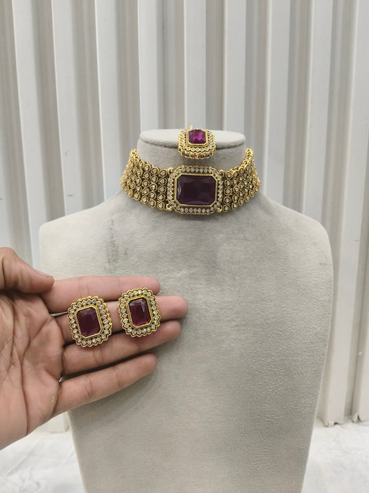 Indian Jewellery Purple Kundan choker Gunjan Sets