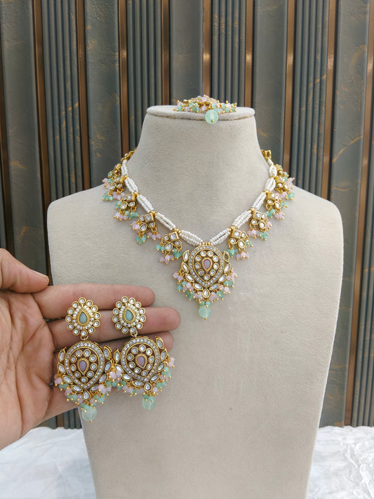 Mint Pink Kundan necklace Set/ kundan Indian jewellery kundan Hema sets