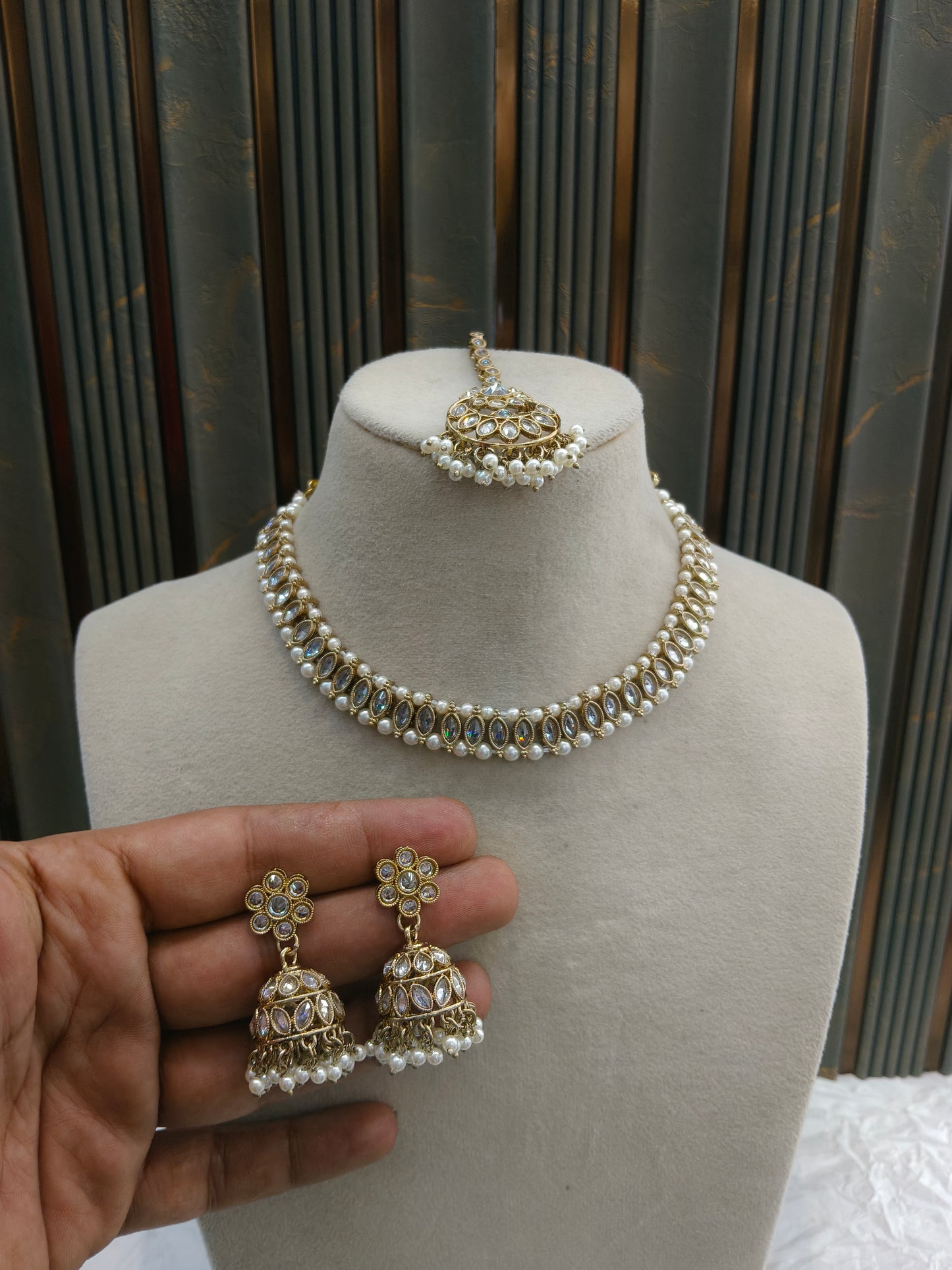 Antique Gold White Necklace Set/ Antique gold Indian Bridal Jagjeet Jewellery