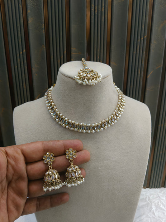 Antique Gold White Necklace Set/ Antique gold Indian Bridal Jagjeet Jewellery