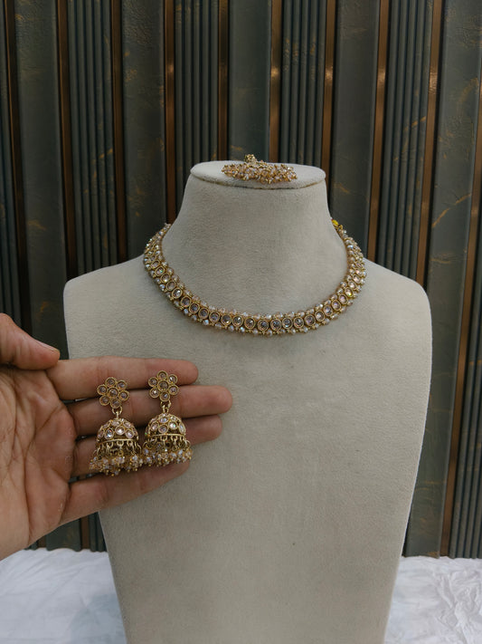 Antique Gold Crystal Necklace Set/ Antique gold Indian Bridal Jagjeet Jewellery
