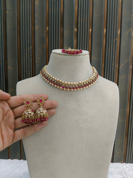 Antique Gold Majenta Necklace Set/ Antique gold Indian Bridal Jagjeet Jewellery