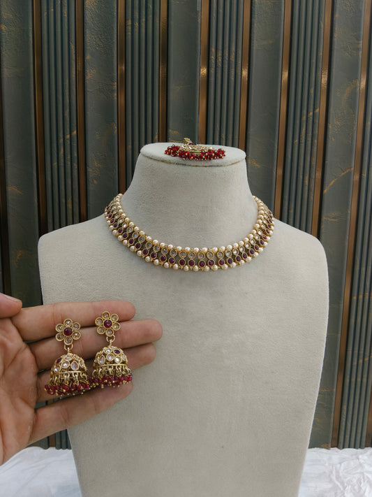 Antique Gold Maroon Necklace Set/ Antique gold Indian Bridal Jagjeet Jewellery