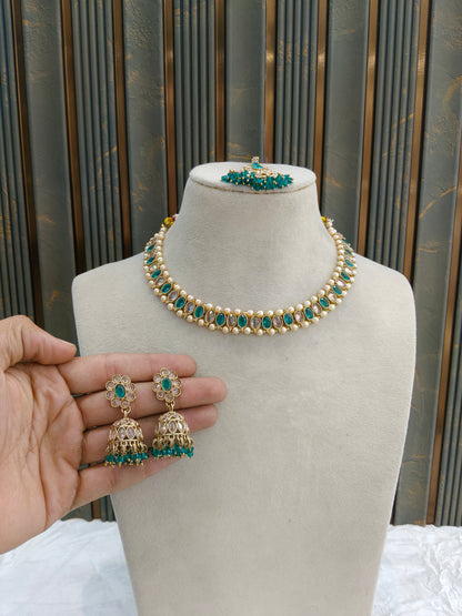 Antique Gold Rama Green Necklace Set/ Antique gold Indian Bridal Jagjeet Jewellery
