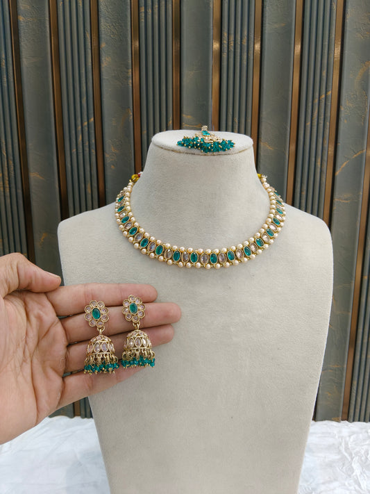 Antique Gold Rama Green Necklace Set/ Antique gold Indian Bridal Jagjeet Jewellery