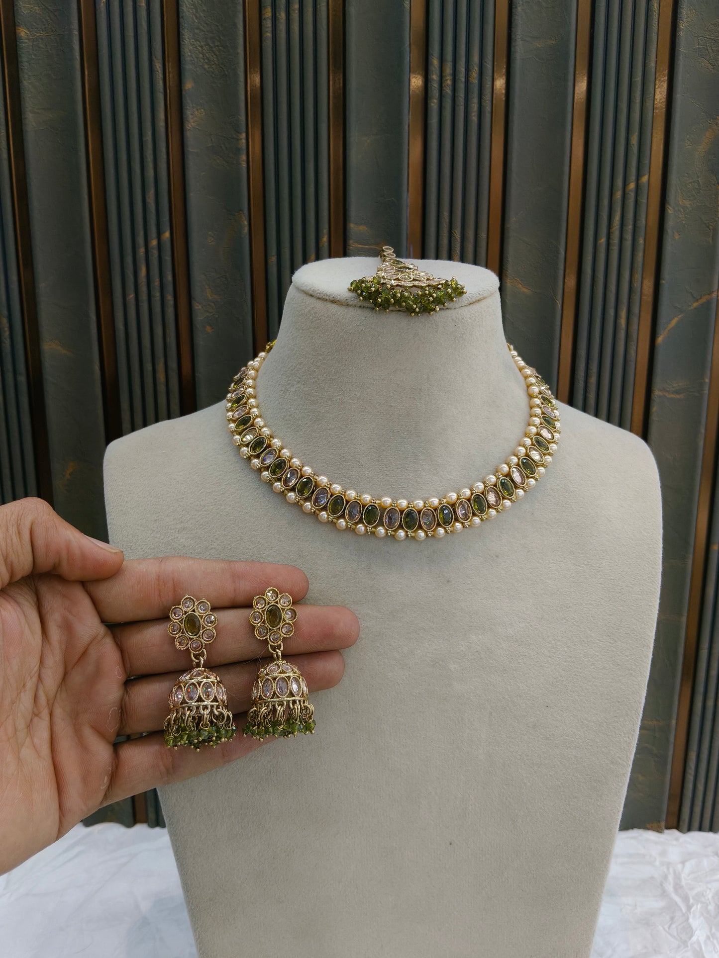 Antique Gold Mehndi Necklace Set/ Antique gold Indian Bridal Jagjeet Jewellery