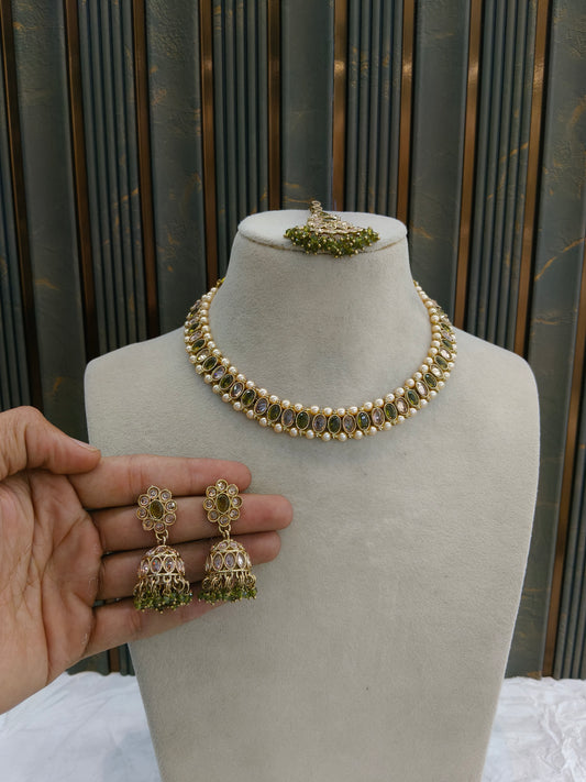 Antique Gold Mehndi Necklace Set/ Antique gold Indian Bridal Jagjeet Jewellery