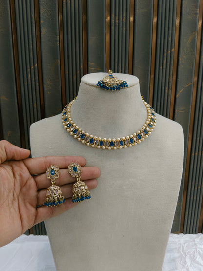 Antique Gold Blue Necklace Set/ Antique gold Indian Bridal Jagjeet Jewellery