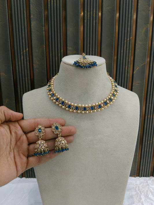 Antique Gold Blue Necklace Set/ Antique gold Indian Bridal Jagjeet Jewellery