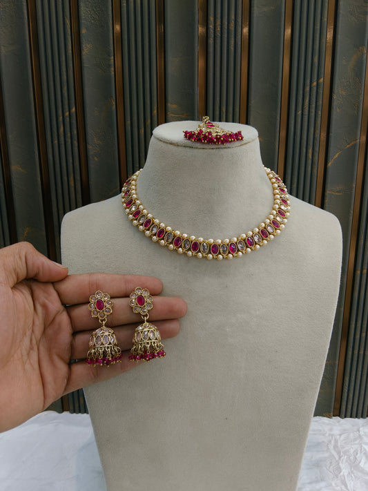 Antique Gold Majenta Necklace Set/ Antique gold Indian Bridal Jagjeet Jewellery