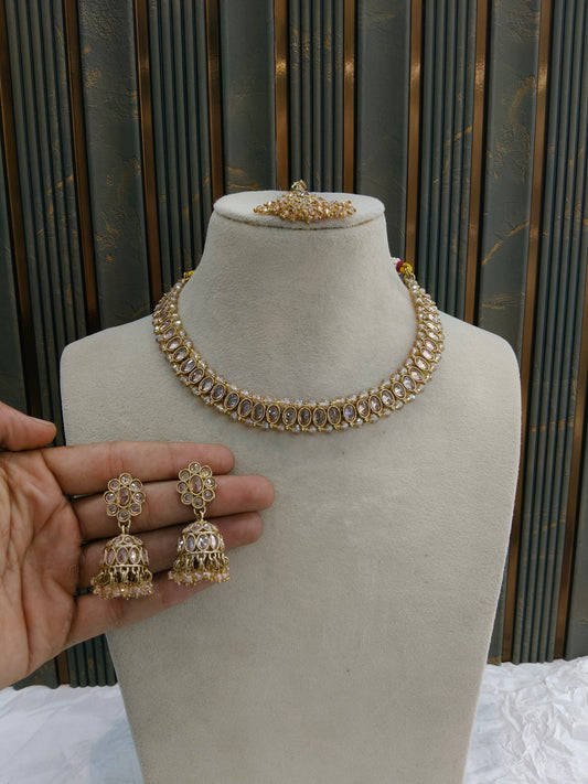 Antique Gold Crystal Necklace Set/ Antique gold Indian Bridal Jagjeet Jewellery