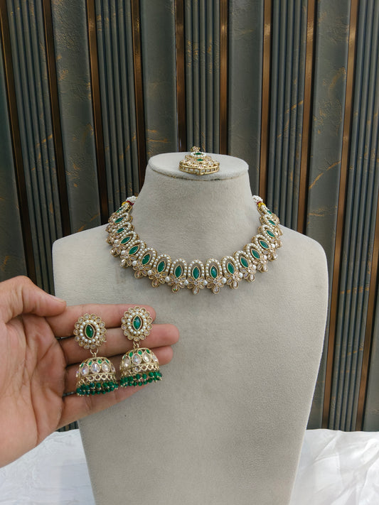 Antique Gold Green Necklace Set/ Antique gold Indian Bridal Risha Jewellery