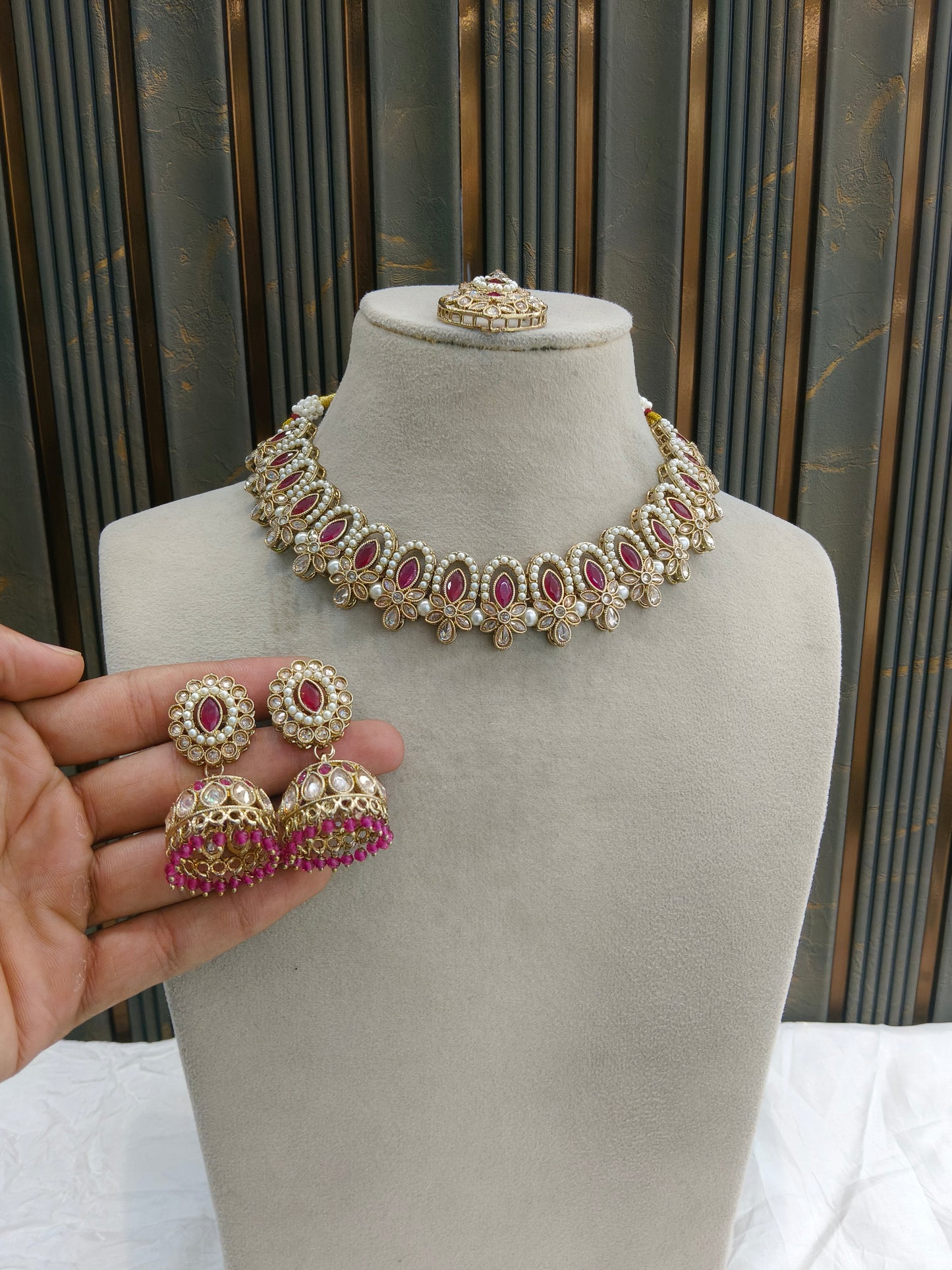 Antique Gold Maroon Necklace Set/ Antique gold Indian Bridal Risha Jewellery