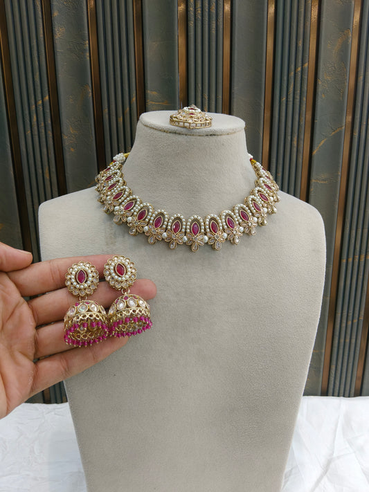 Antique Gold Maroon Necklace Set/ Antique gold Indian Bridal Risha Jewellery