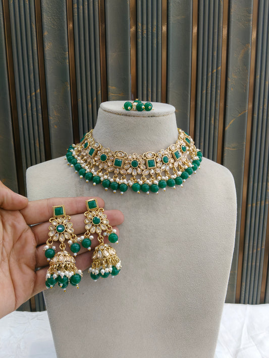 Antique Gold Green Necklace Set/ Antique gold rani Indian Bridal Kitty Jewellery