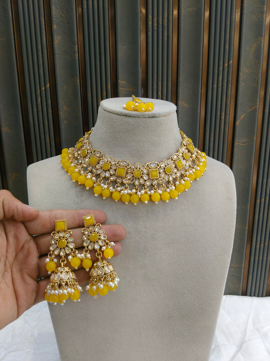 Antique Gold Yellow Necklace Set/ Antique gold rani Indian Bridal Kitty Jewellery