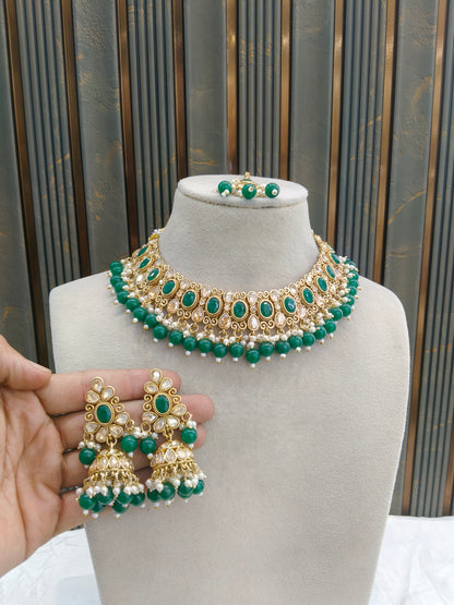 Antique Gold Green Necklace Set/ Antique gold rani Indian Bridal Kitty Jewellery