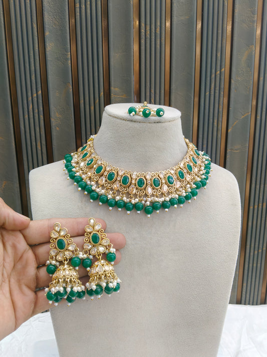 Antique Gold Green Necklace Set/ Antique gold rani Indian Bridal Kitty Jewellery