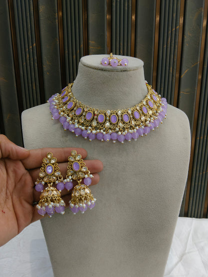 Antique Gold Lavender Necklace Set/ Antique gold rani Indian Bridal Kitty Jewellery