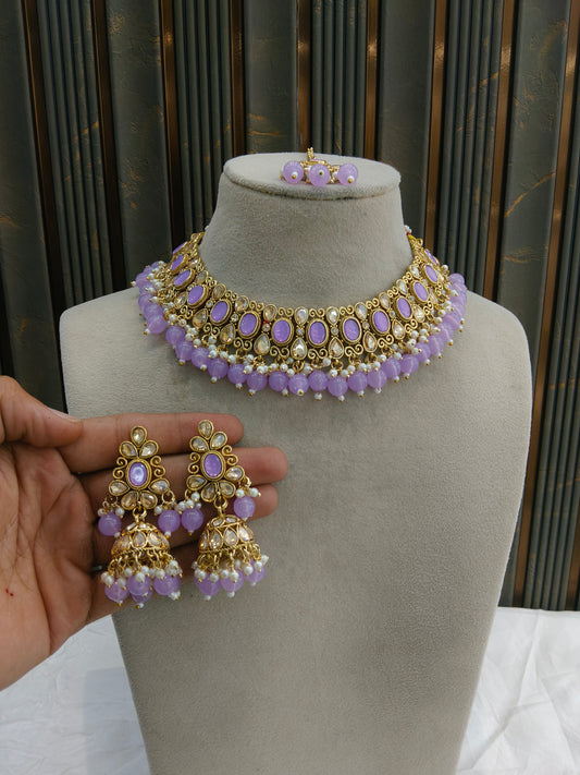 Antique Gold Lavender Necklace Set/ Antique gold rani Indian Bridal Kitty Jewellery