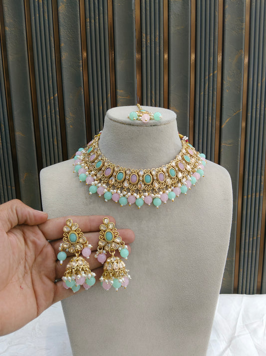 Antique Gold Mint Pink Necklace Set/ Antique gold rani Indian Bridal Kitty Jewellery