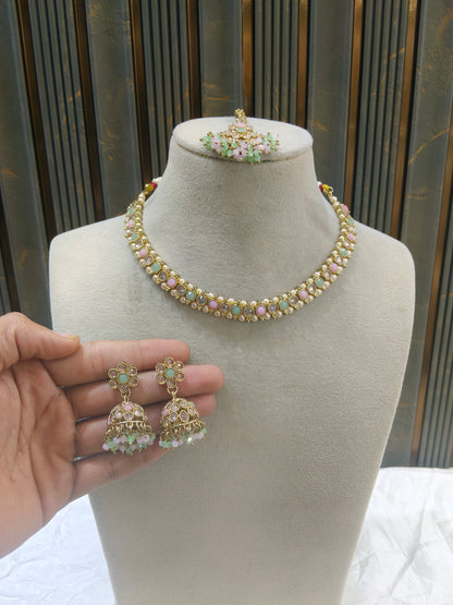 Antique Gold Mint pink Necklace Set/ Antique gold rani Indian Bridal Jagjeet Jewellery