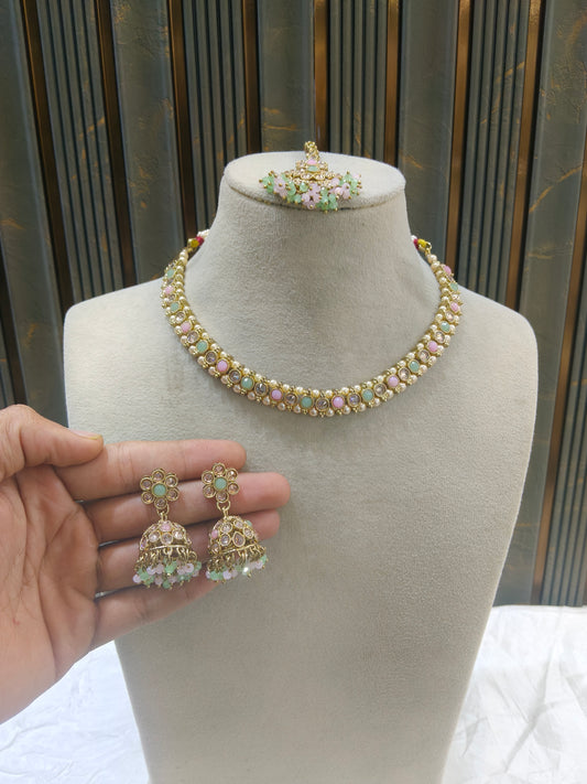 Antique Gold Mint pink Necklace Set/ Antique gold rani Indian Bridal Jagjeet Jewellery