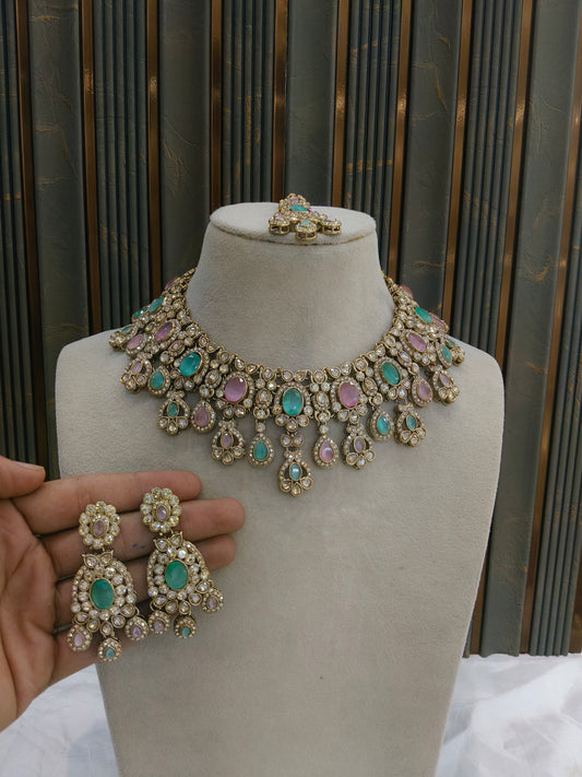 Antique Gold Mint Pink Necklace Set/ Antique gold Indian Lois Jewellery